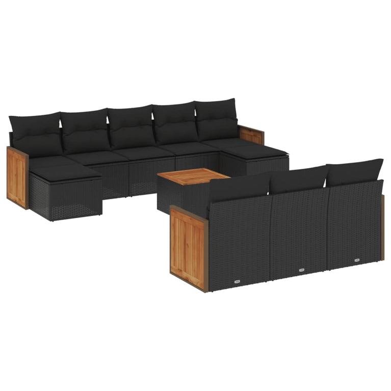 11-delige Loungeset met kussens poly rattan zwart