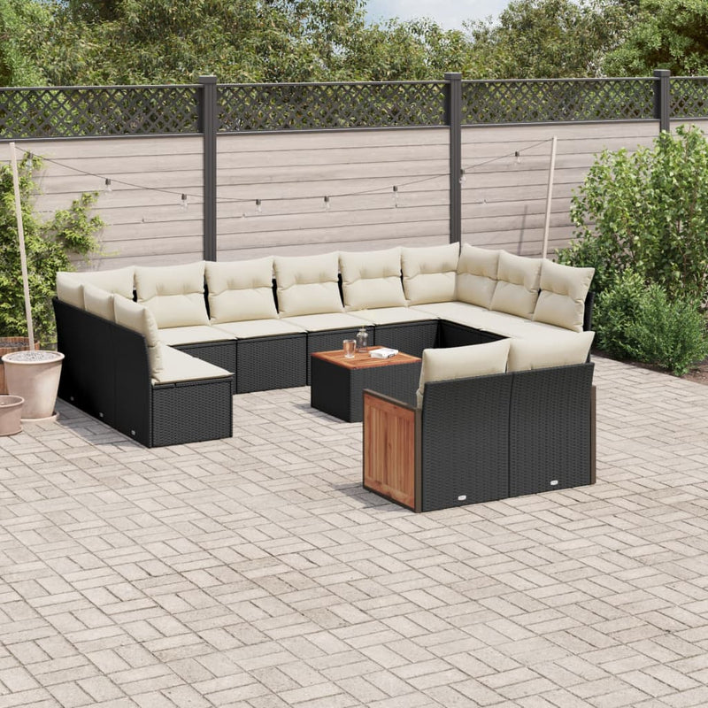 13-delige Loungeset met kussens poly rattan zwart