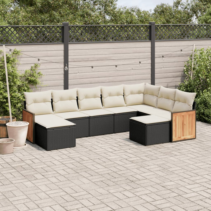 9-delige Loungeset met kussens poly rattan zwart