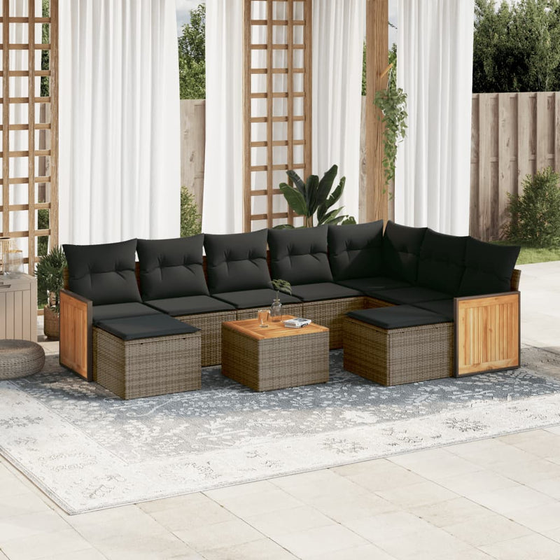 10-delige Loungeset met kussens poly rattan grijs