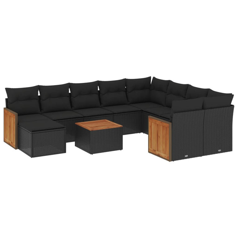 11-delige Loungeset met kussens poly rattan zwart