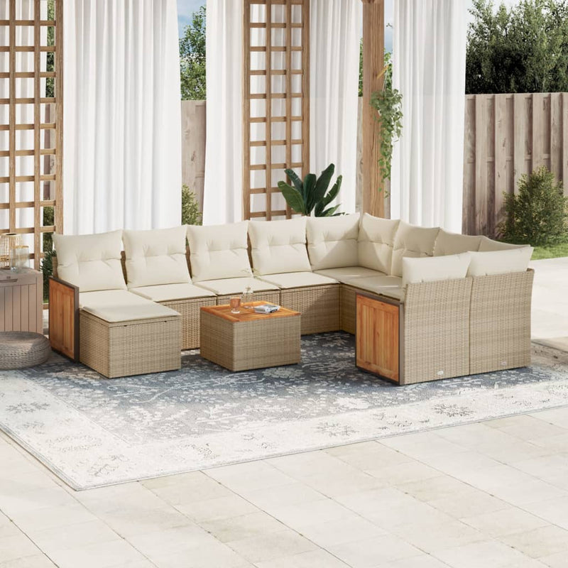 11-delige Tuinset met kussens poly rattan beige