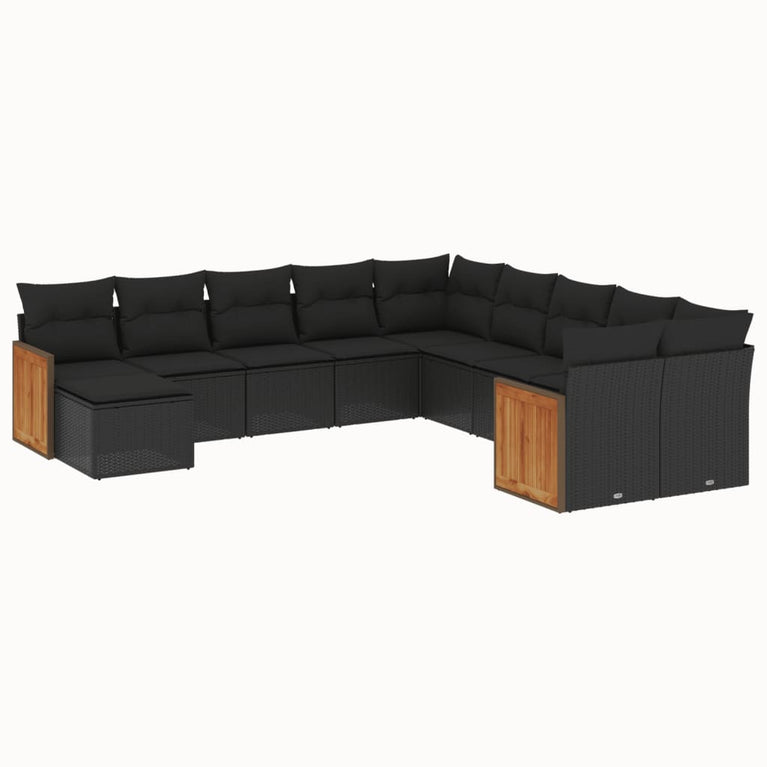 11-delige Loungeset met kussens poly rattan zwart