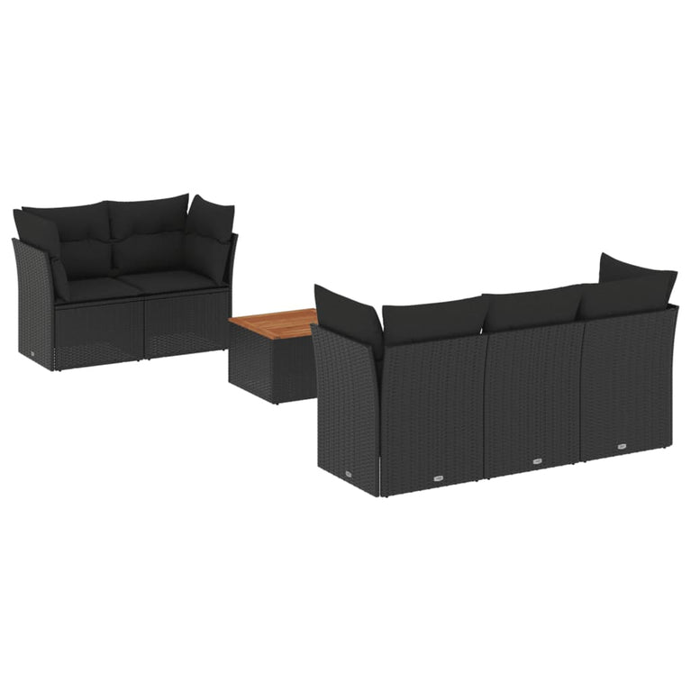 6-delige Loungeset met kussens poly rattan zwart