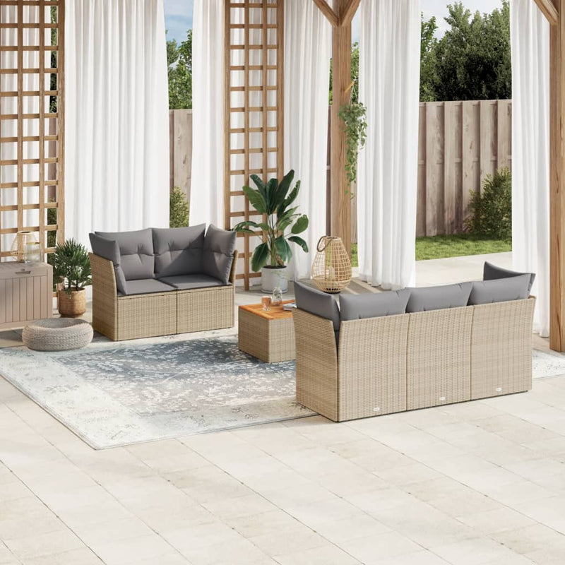 6-delige Loungeset met kussens poly rattan beige