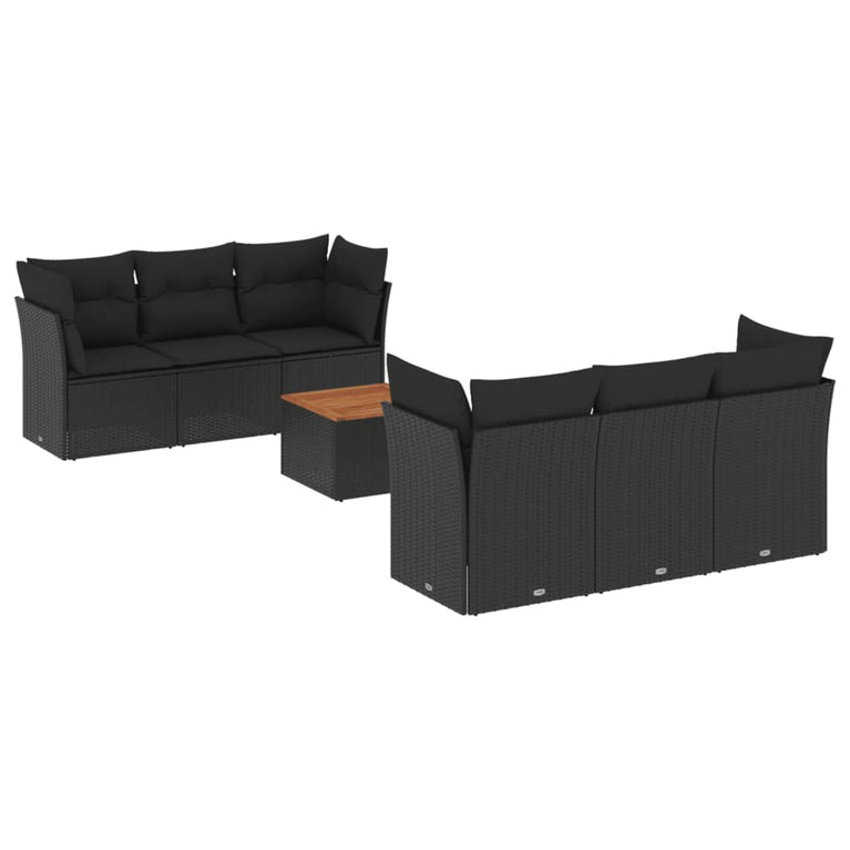 7-delige Loungeset met kussens poly rattan zwart