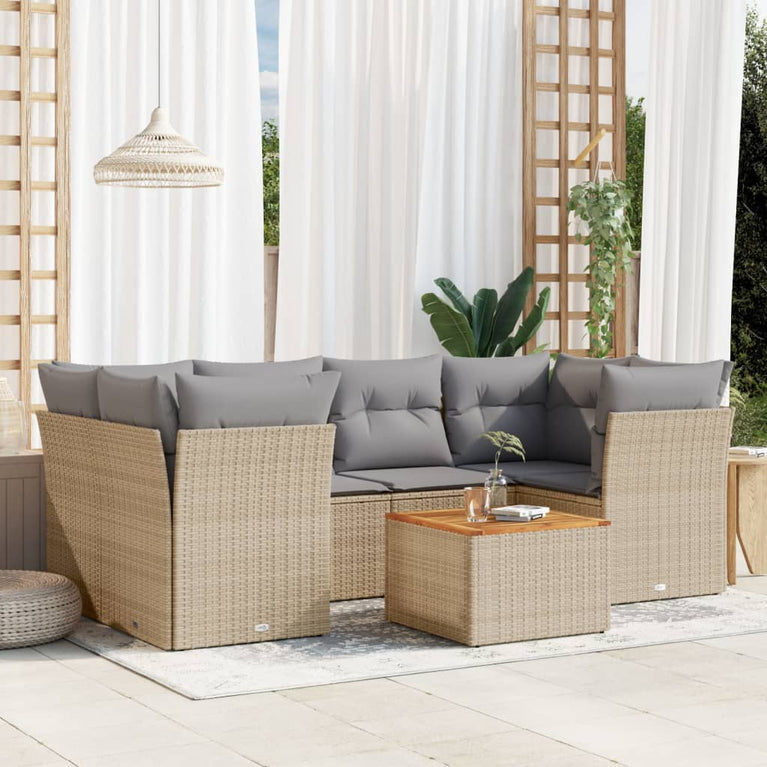 7-delige Loungeset met kussens poly rattan beige