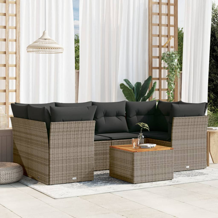 7-delige Loungeset met kussens poly rattan grijs