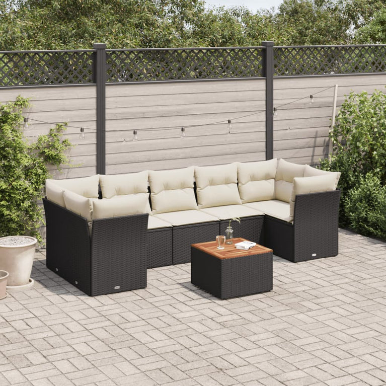 8-delige Loungeset met kussens poly rattan zwart