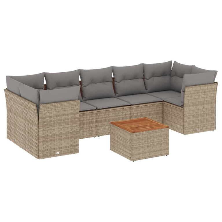 8-delige Loungeset met kussens poly rattan beige