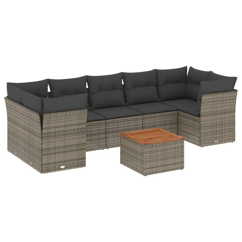 8-delige Loungeset met kussens poly rattan grijs