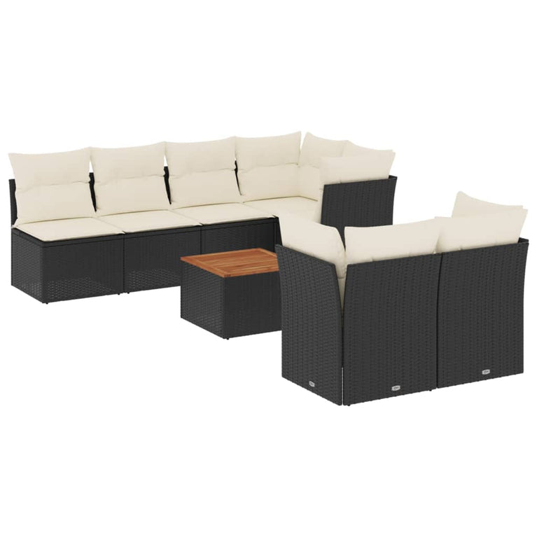 8-delige Loungeset met kussens poly rattan zwart