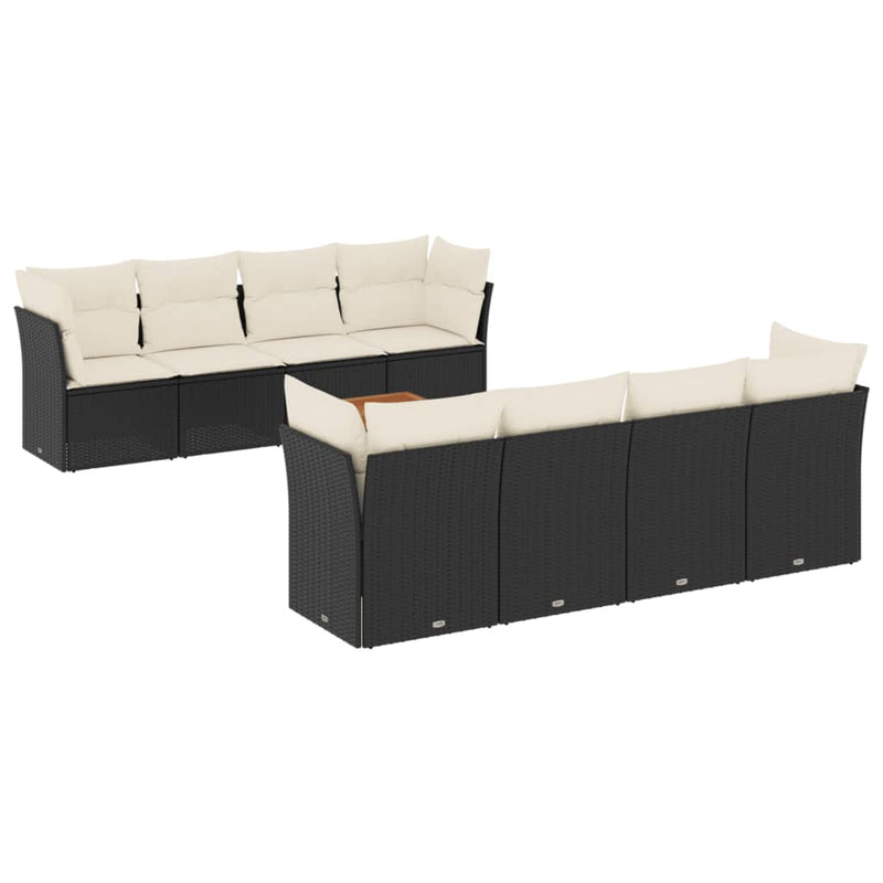 9-delige Loungeset met kussens poly rattan zwart