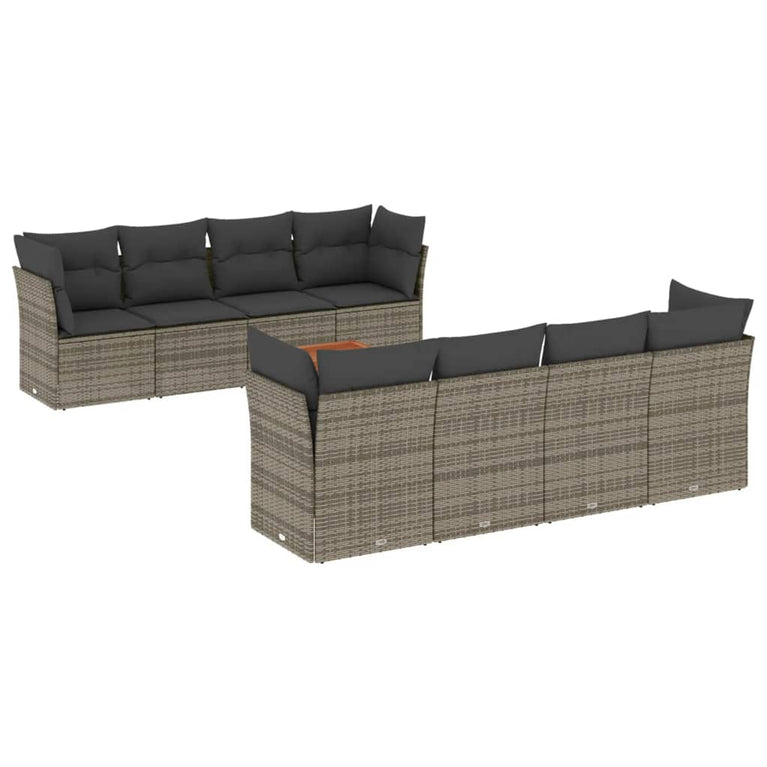 9-delige Loungeset met kussens poly rattan grijs