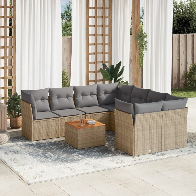 9-delige Loungeset met kussens poly rattan beige