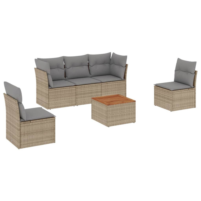 6-delige Loungeset met kussens poly rattan beige