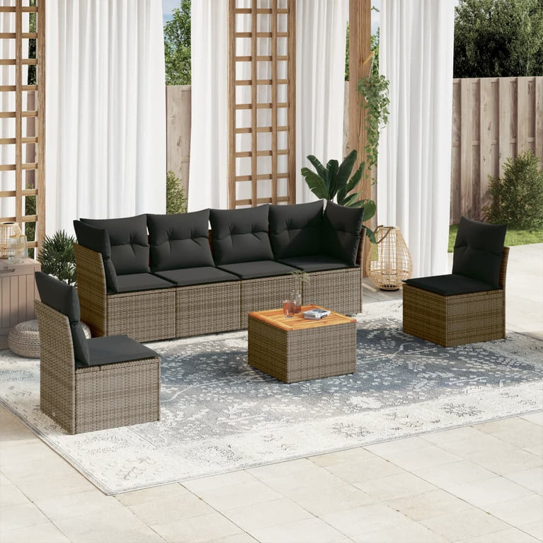 7-delige Loungeset met kussens poly rattan grijs