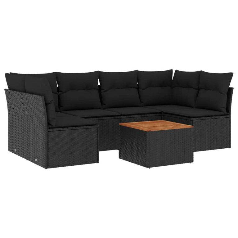 7-delige Loungeset met kussens poly rattan zwart