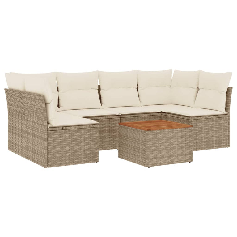 7-delige Loungeset met kussens poly rattan beige