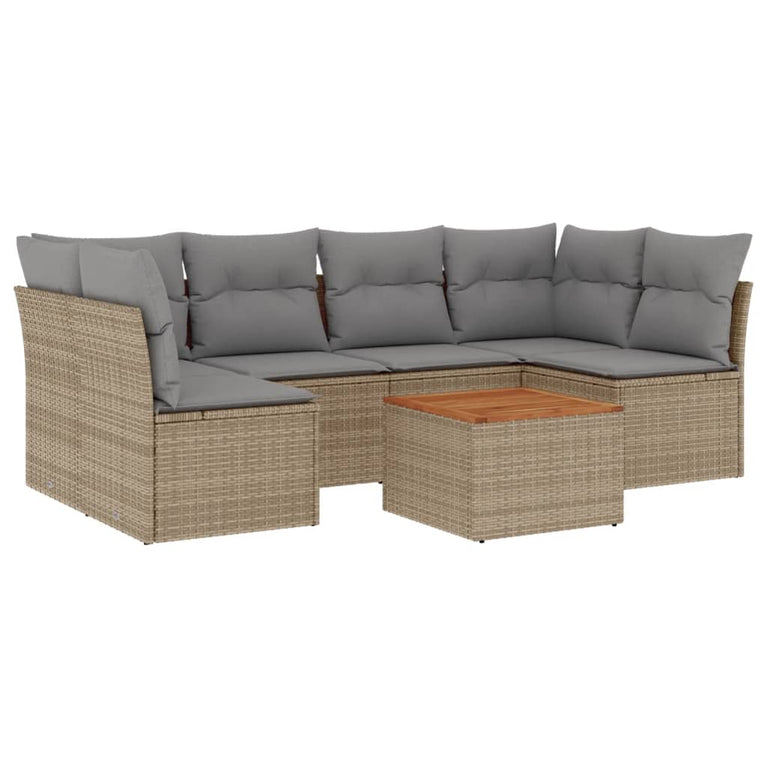 7-delige Loungeset met kussens poly rattan beige