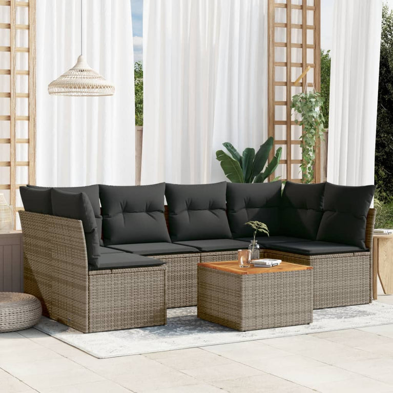 7-delige Loungeset met kussens poly rattan grijs