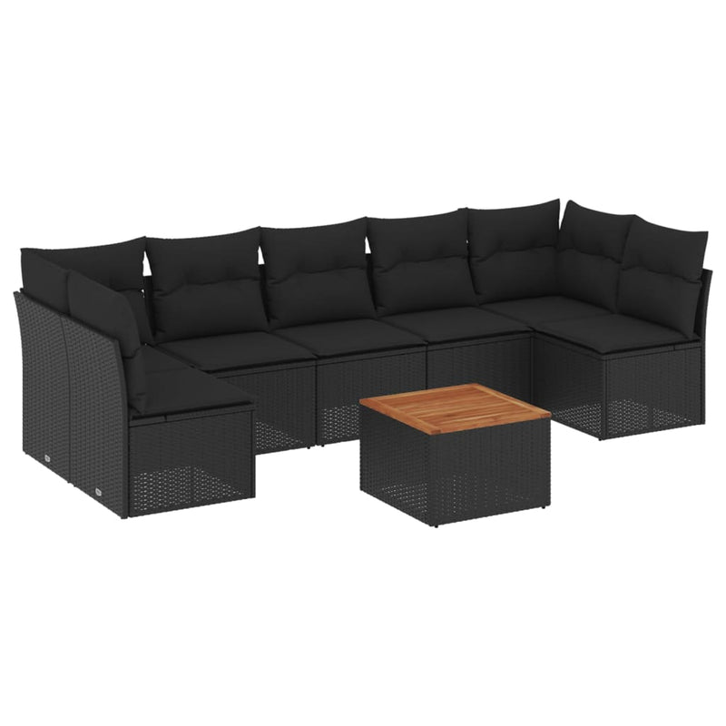 8-delige Loungeset met kussens poly rattan zwart