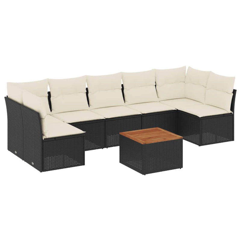 8-delige Loungeset met kussens poly rattan zwart