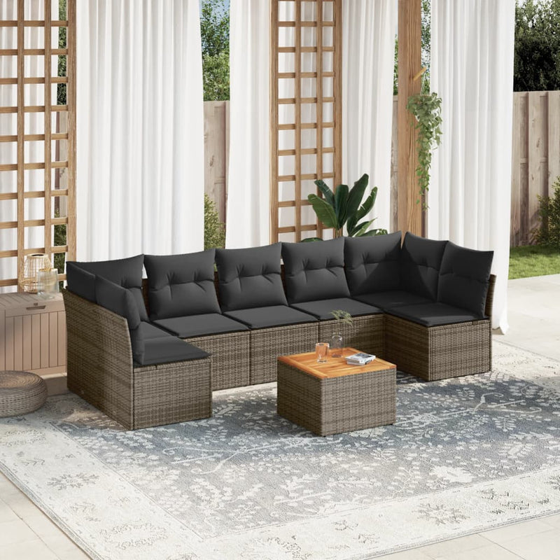 8-delige Loungeset met kussens poly rattan grijs