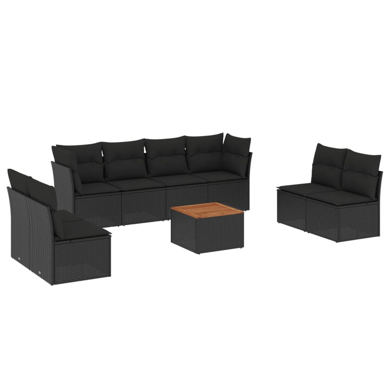 9-delige Loungeset met kussens poly rattan zwart