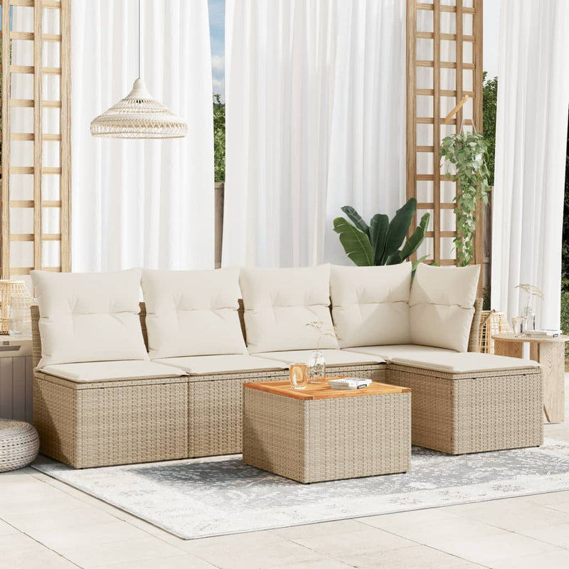 6-delige Loungeset met kussens poly rattan beige