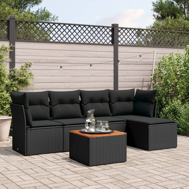 6-delige Loungeset met kussens poly rattan zwart