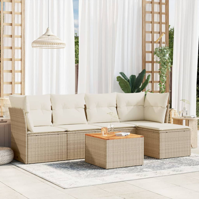 6-delige Loungeset met kussens poly rattan beige