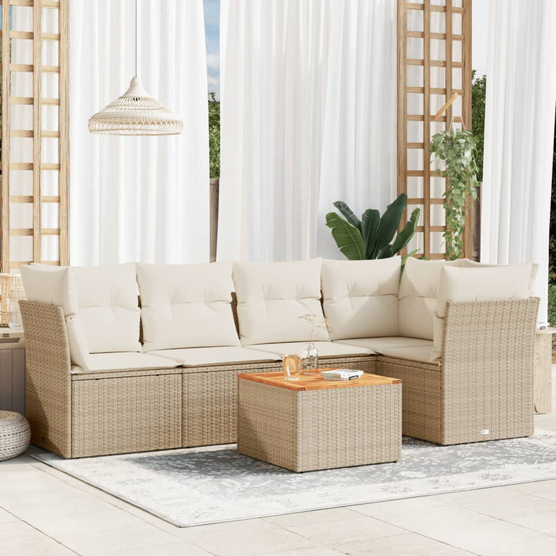 6-delige Loungeset met kussens poly rattan beige