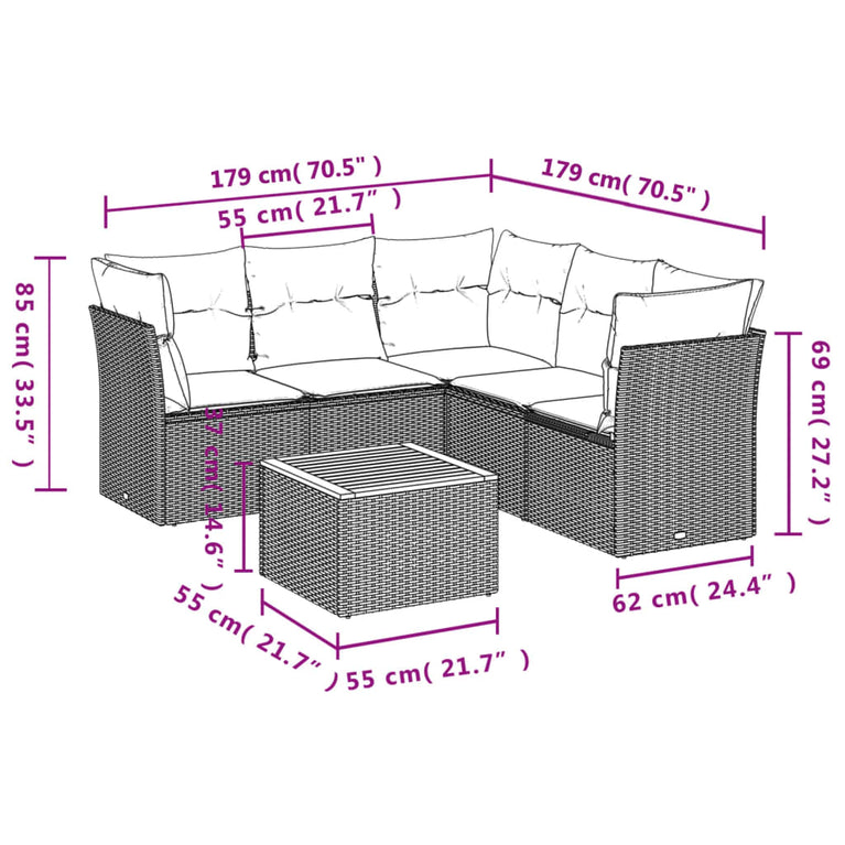 6-delige Loungeset met kussens poly rattan beige