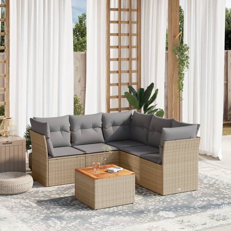 6-delige Loungeset met kussens poly rattan beige