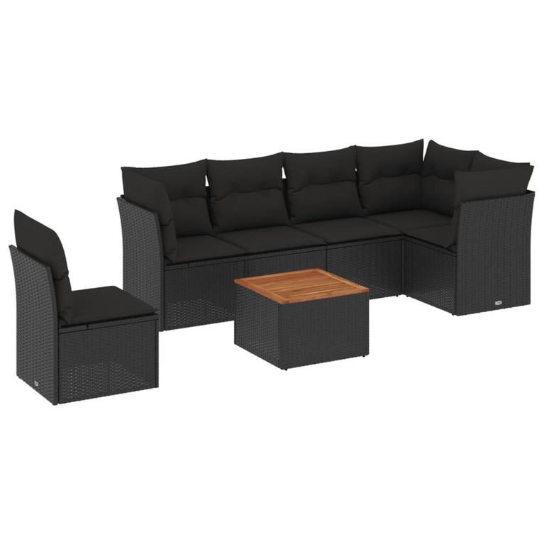 7-delige Loungeset met kussens poly rattan zwart