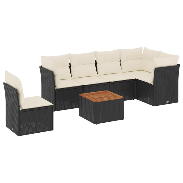 7-delige Loungeset met kussens poly rattan zwart