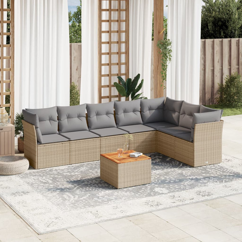 8-delige Loungeset met kussens poly rattan beige