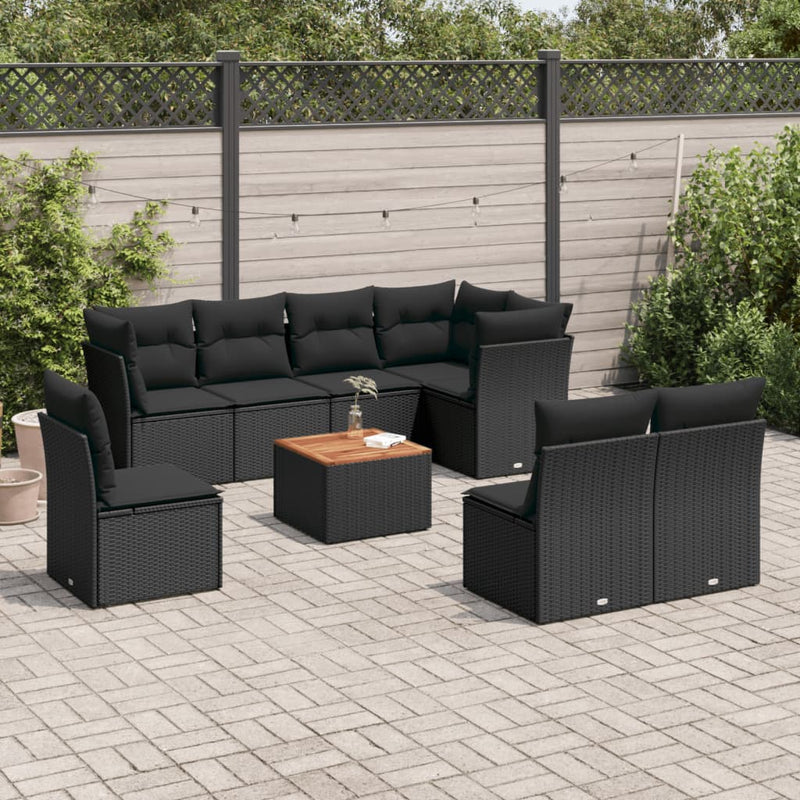 9-delige Loungeset met kussens poly rattan zwart