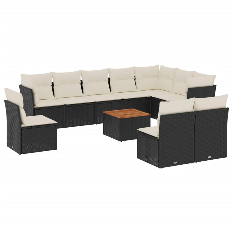 11-delige Loungeset met kussens poly rattan zwart