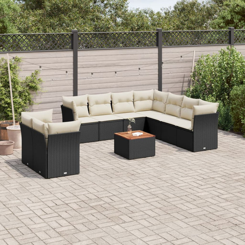 10-delige Loungeset met kussens poly rattan zwart