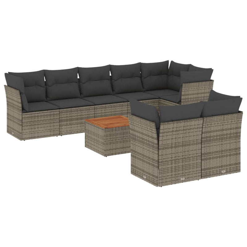 9-delige Loungeset met kussens poly rattan grijs