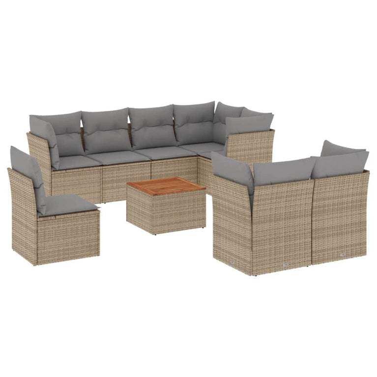 9-delige Loungeset met kussens poly rattan beige