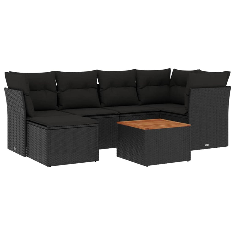 7-delige Loungeset met kussens poly rattan zwart