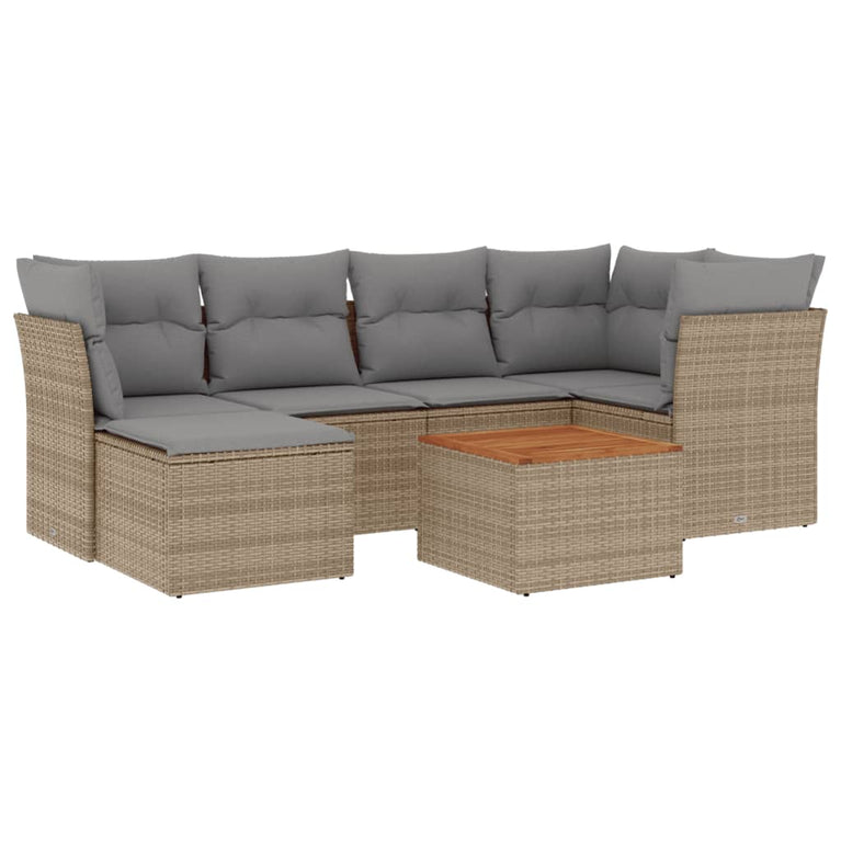 7-delige Loungeset met kussens poly rattan beige