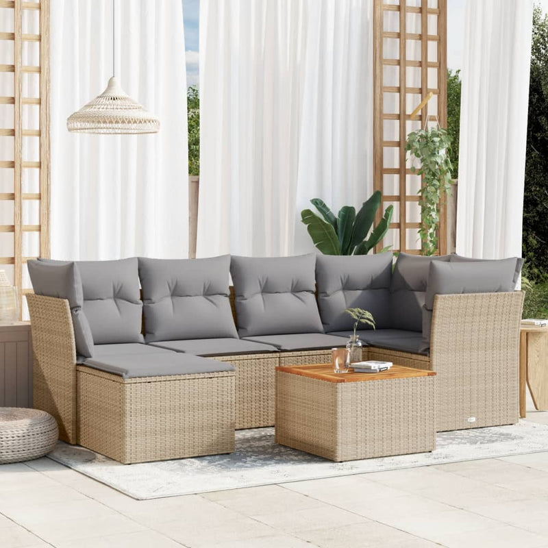 7-delige Loungeset met kussens poly rattan beige