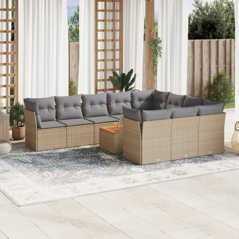 11-delige Tuinset met kussens poly rattan beige