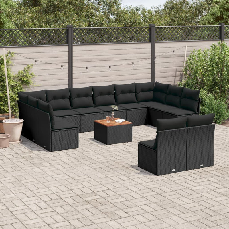 13-delige Loungeset met kussens poly rattan zwart