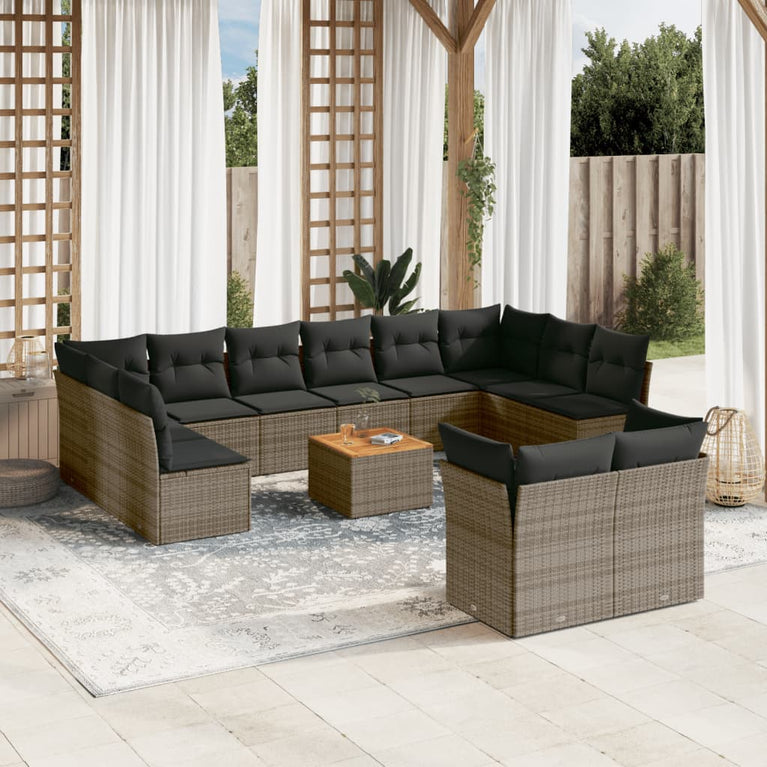 13-delige Loungeset met kussens poly rattan grijs