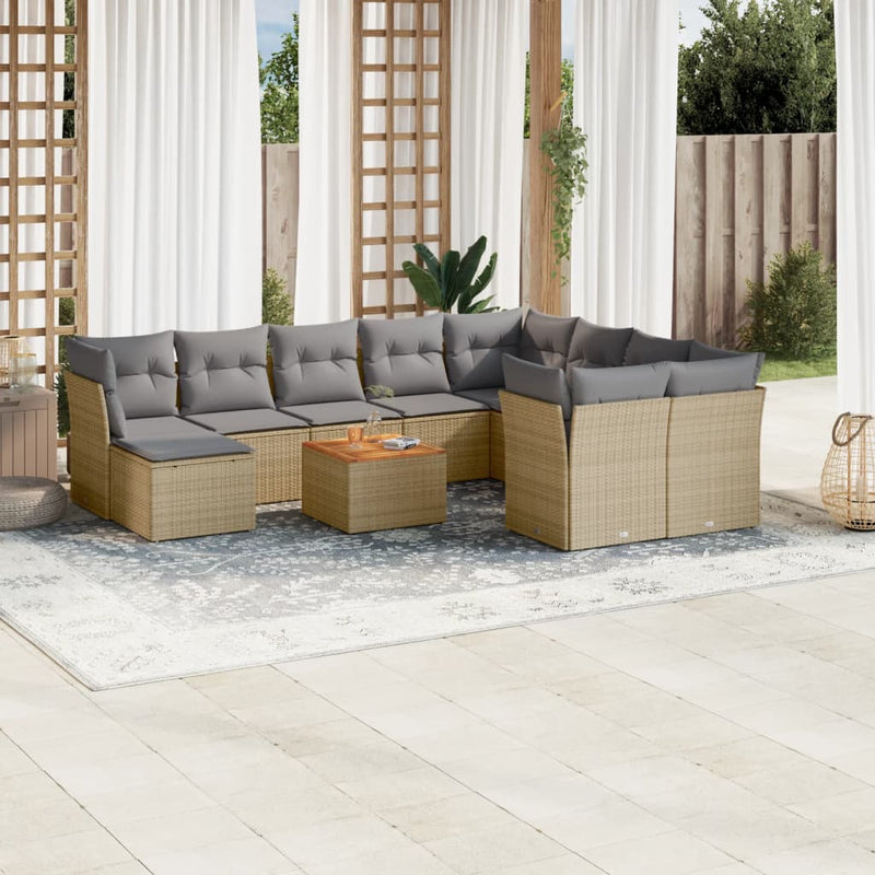 11-delige Tuinset met kussens poly rattan beige
